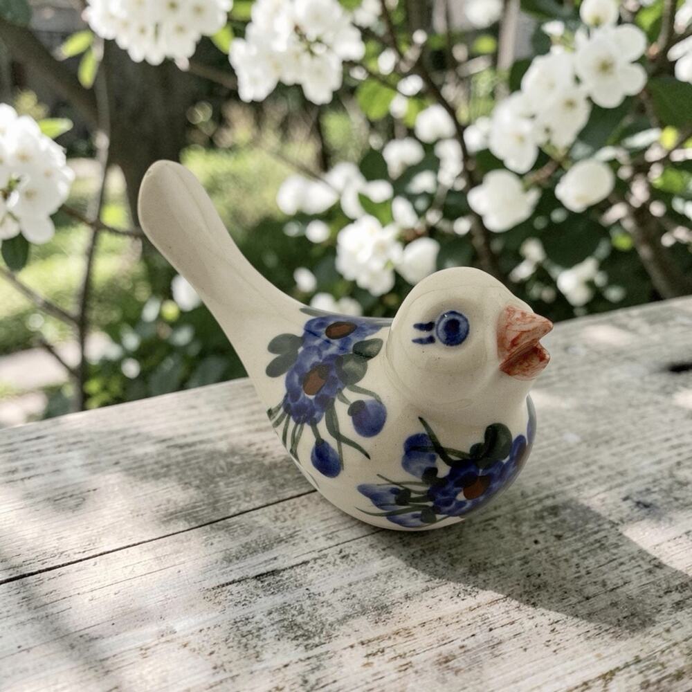 Millena Polish Pottery Bird Whistle Figurine Blue Floral Hand Painted 3" Long
